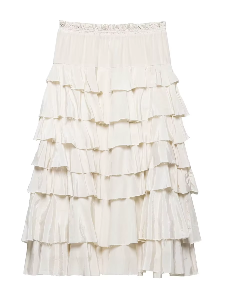 Solid Elegant Tiered Maxi Skirts For Women Ruffle Elastic Waist A-line Long Skirts Summer New Simple