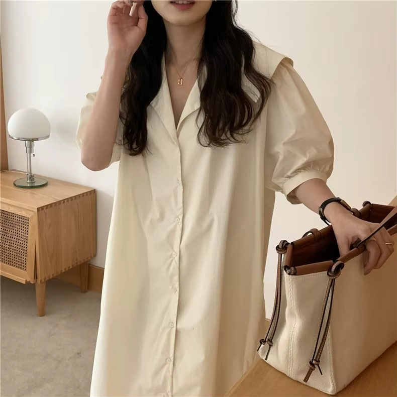 Robe Mi-Longue à Manches Bouffantes pour Femme, Vêtement Élégant, Décontracté, Couleur Unie, Bouton,
