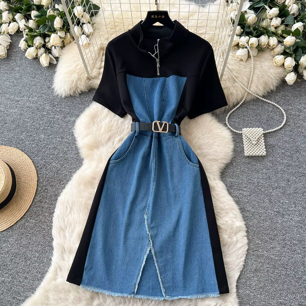 Robe longue en jean pour femme, coupe trapèze, col en V, manches courtes, style Y2K streetwear, élég
