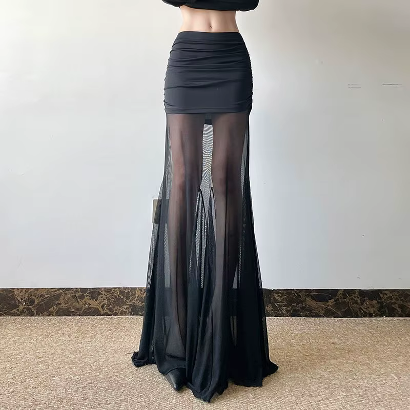 Jupe mi-longue plissée à panneaux en maille, moulante, ligne H, bas gothique noir, Style français, c
