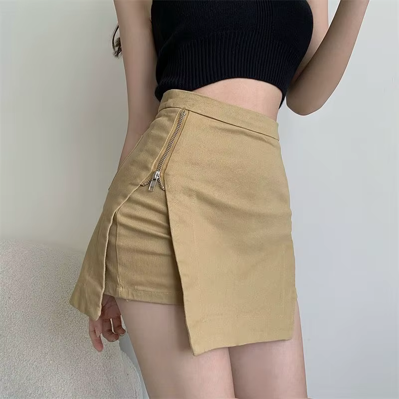 Mini jupes vintage pour femmes, fermeture éclair, fente latérale, sexy, taille haute, slim, streetwe