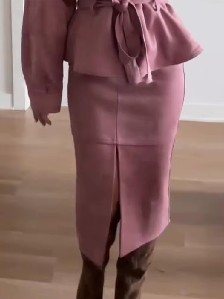 Nouveaux ensembles jupe et veste en daim pour femme avec ceinture, coupe ajustée, style chic, pour l