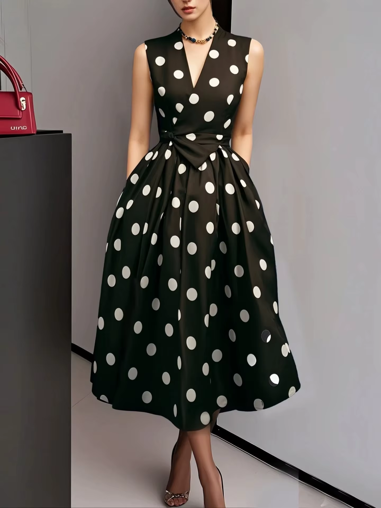 Robe longue à pois française pour femme, style rétro sexy, col en V, sans manches, avec nœud à la ta