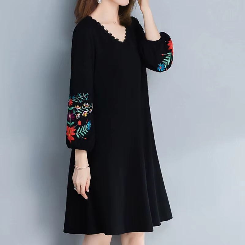 Robe mi-longue à manches longues et col en V pour femmes, robe brodée élégante, vêtements monochrome