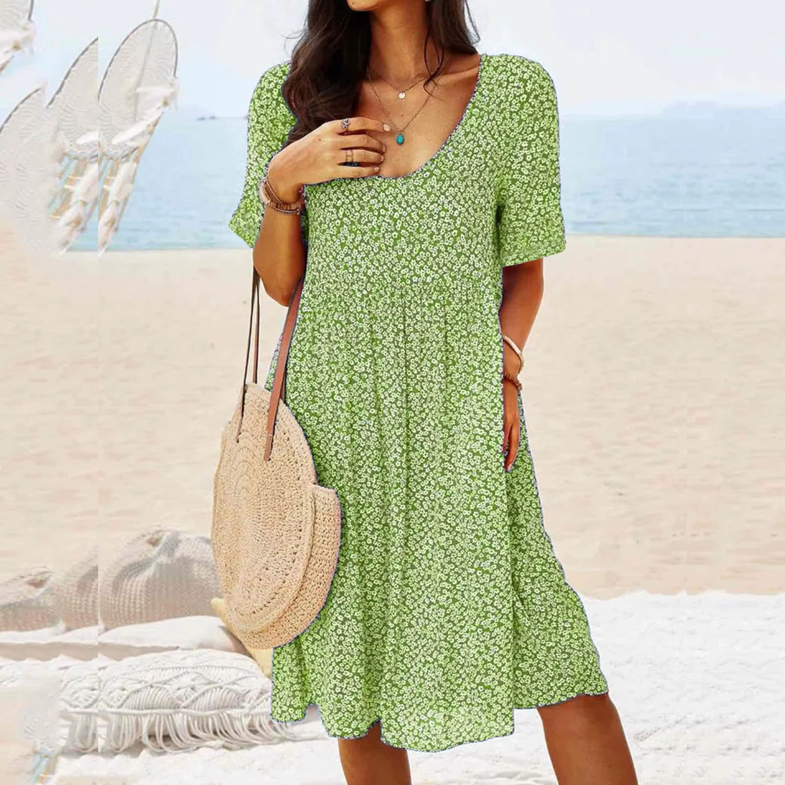 Robes d'été à manches courtes pour femmes, imprimé Floral, col rond, Robe de plage, Vintage, ample, 