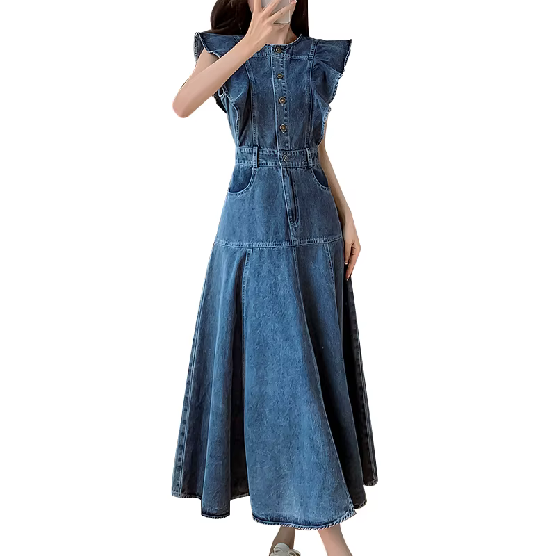 Robe mi-longue en jean vintage à boutons pour femmes, mode coréenne, robe en denim décontractée avec
