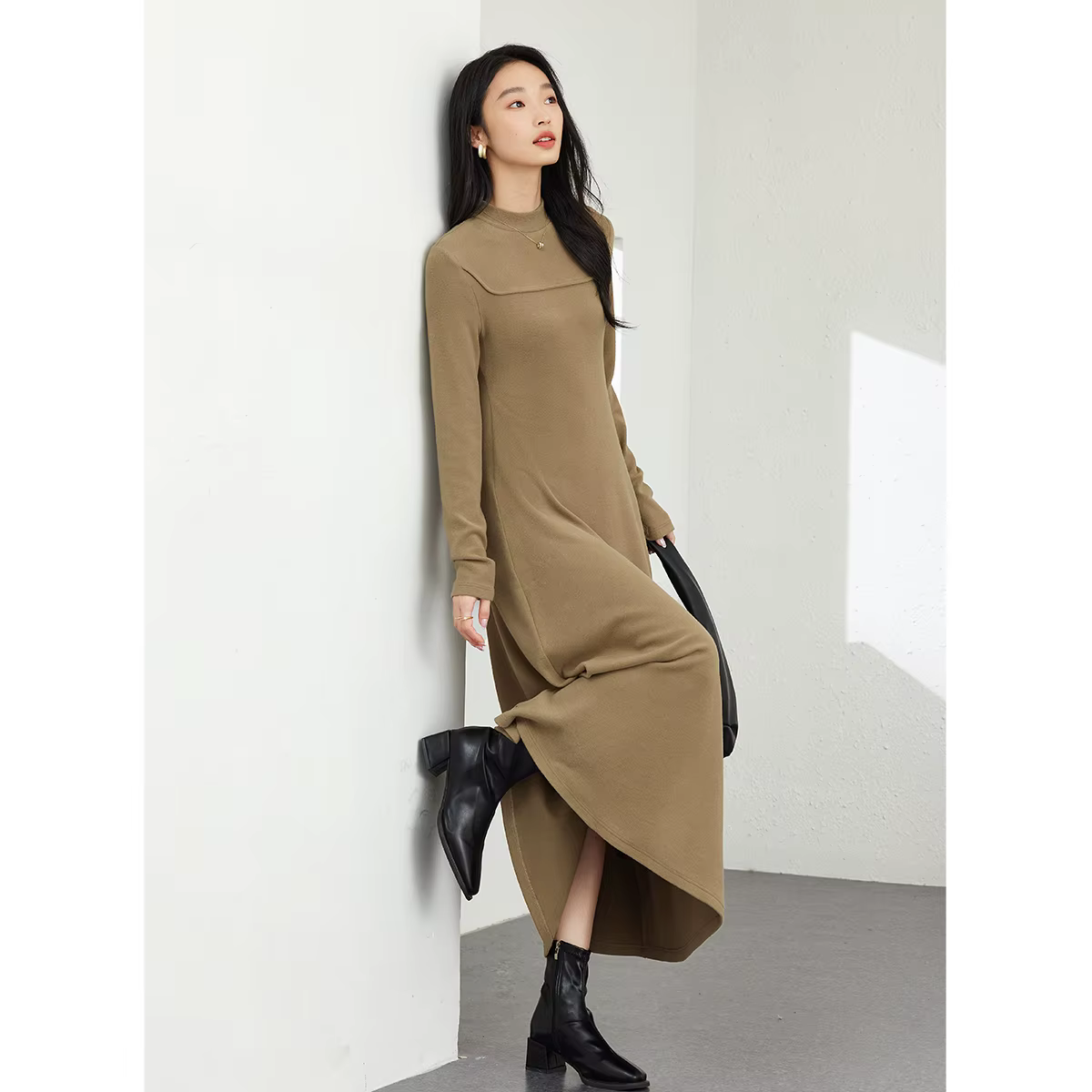 Robes longues en tricot VIMLY pour femme, col semi-montant à la française, robes de soirée, collecti