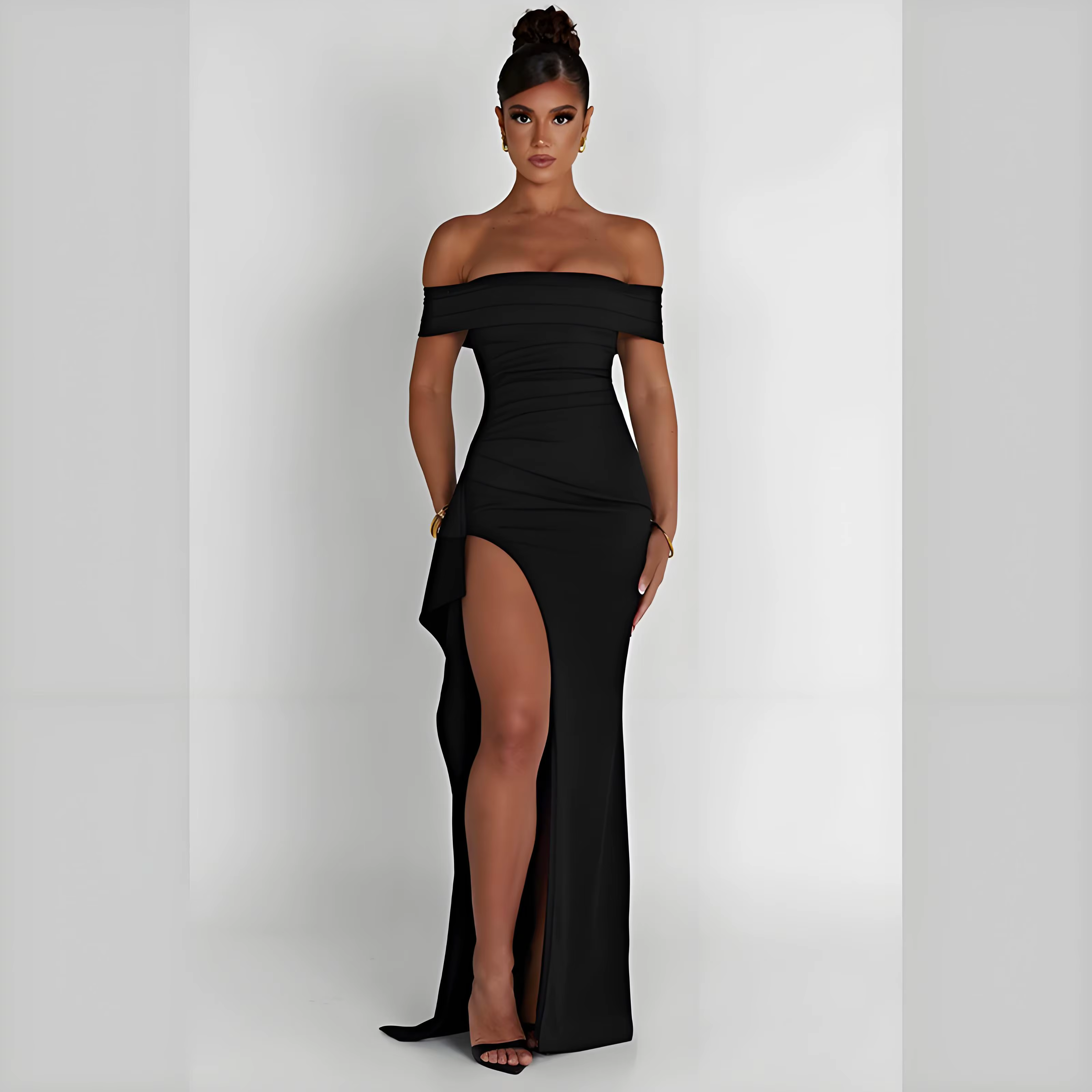 Robe de soirée élégante, couleur unie, épaules dénudées, robe longue sexy taille haute avec fente la