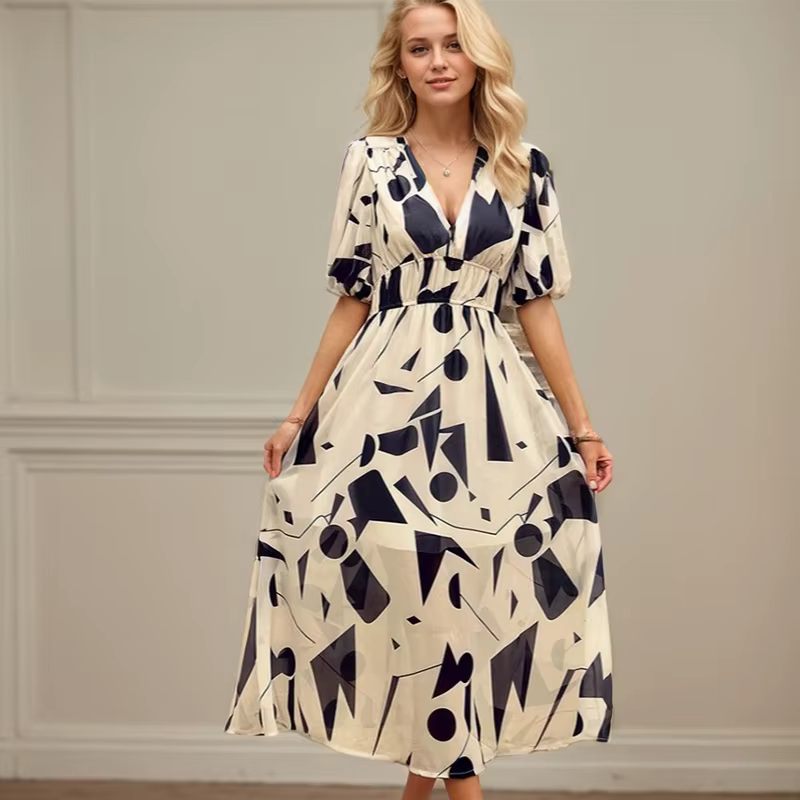 Robe longue d'été à imprimé bohème pour femmes, tenue décontractée, coupe trapèze, élégante, col en 
