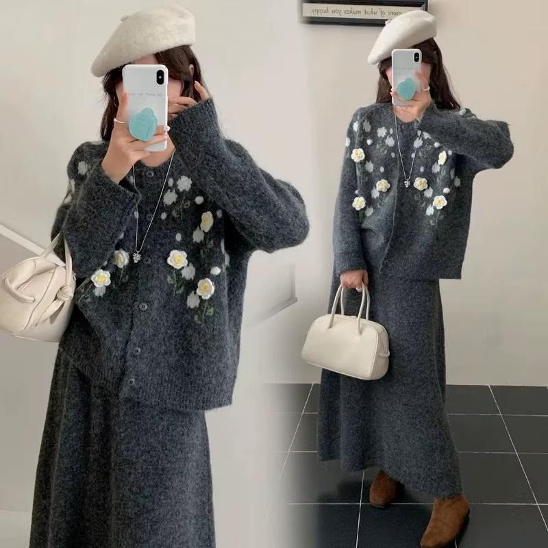 Ensemble de fleurs brodées, jupe pull tricoté pour femmes, mode printemps et automne hiver, nouvelle