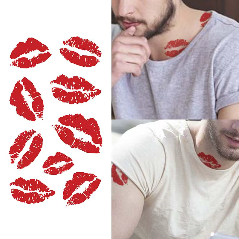 Tatouage temporaire imperméable à l'eau, imprimé lèvres rouges, pour le cou et les bras, faux tatoua