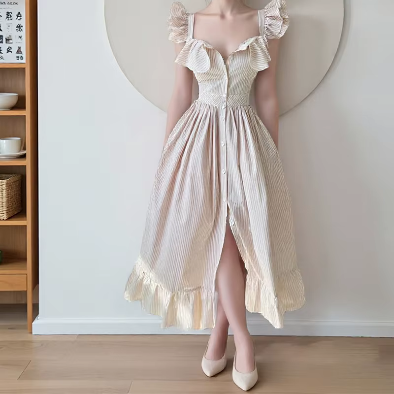 Robes longues rayées à manches volantes pour femme, élégantes, à simple boutonnage, coupe trapèze, t
