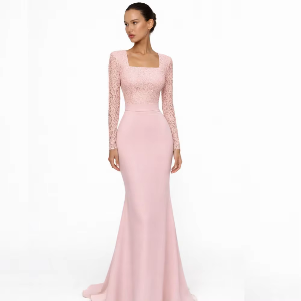 Robe de soirée de mariage personnalisée à manches longues, col carré en dentelle, robe longue sirène
