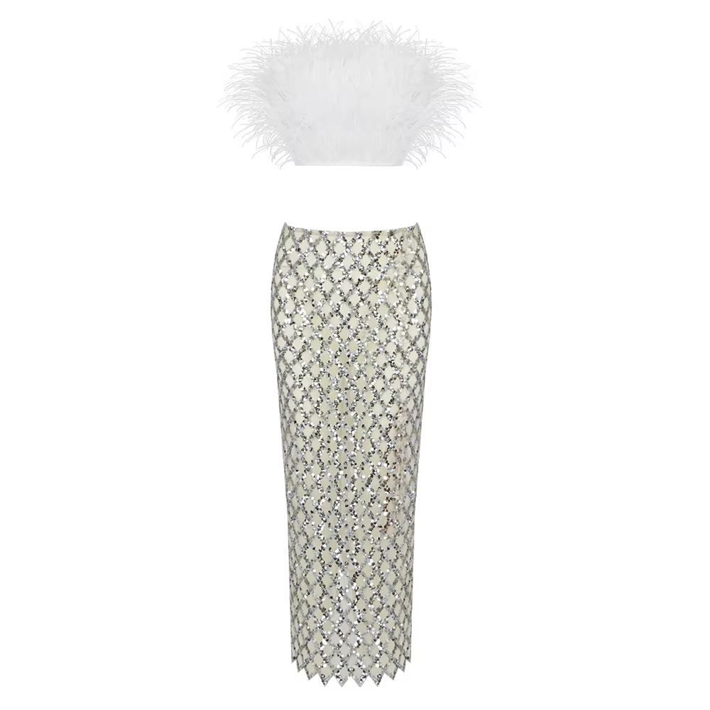 Ensemble haut et jupe en plumes avec dentelle enveloppée, robe longue en maille à carreaux, batterie