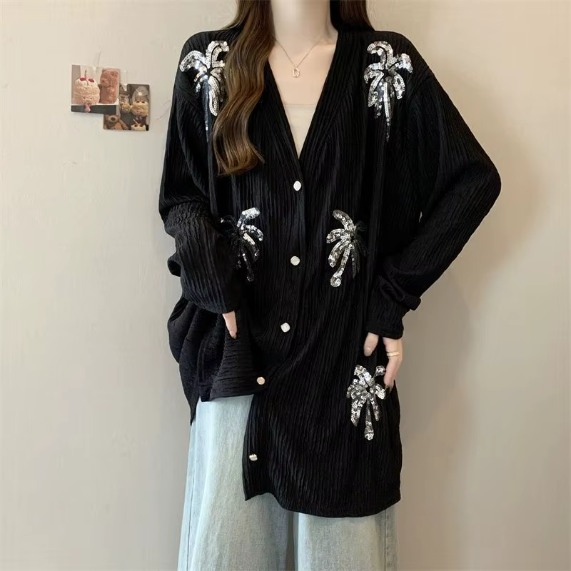 Haut brodé à paillettes à manches longues pour femmes, veste Cardigan ample, Slim et à la mode, débu
