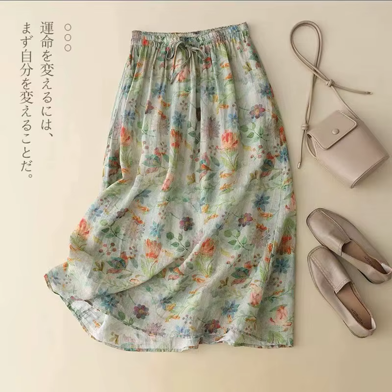 Jupe longue vintage imprimée en coton et lin, motif floral, taille élastiquée avec lien, jupe fluide