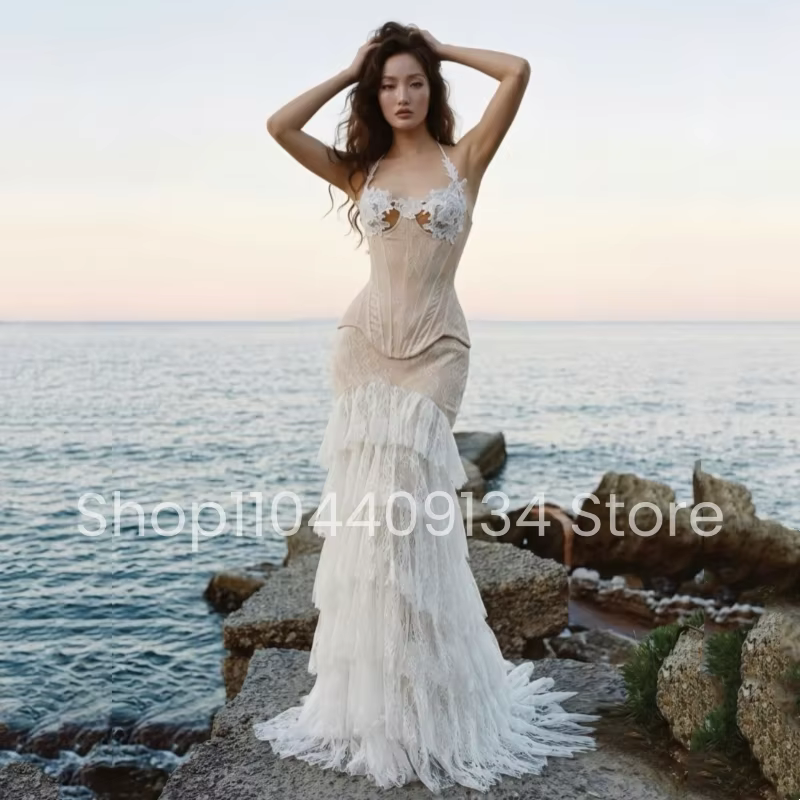Robe de mariée sirène bohème, col halter, broderie en dentelle, corset, robe de mariée blanche super