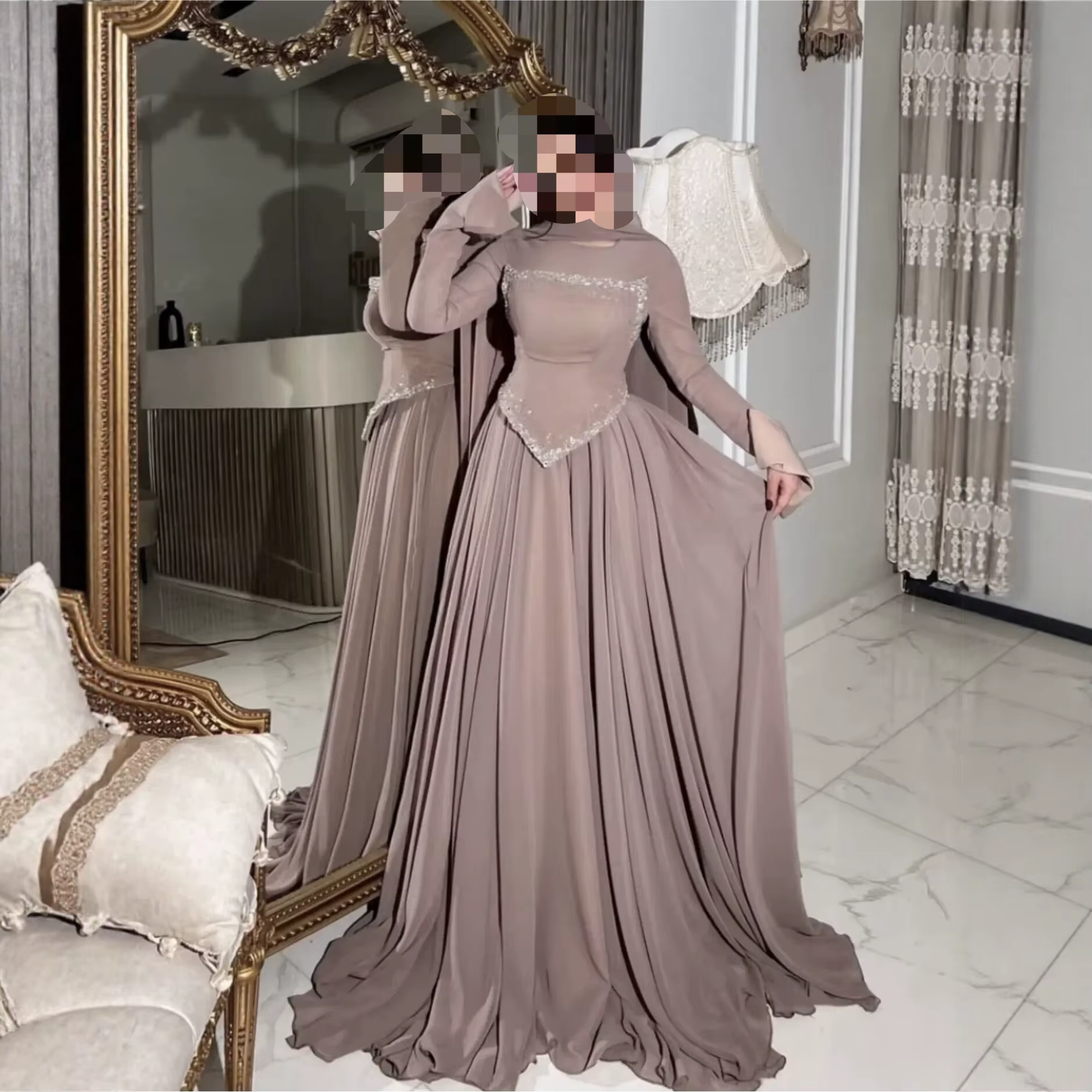 Robe de soirée élégante en mousseline à manches longues avec sequins et jupe évasée pour femme, coll
