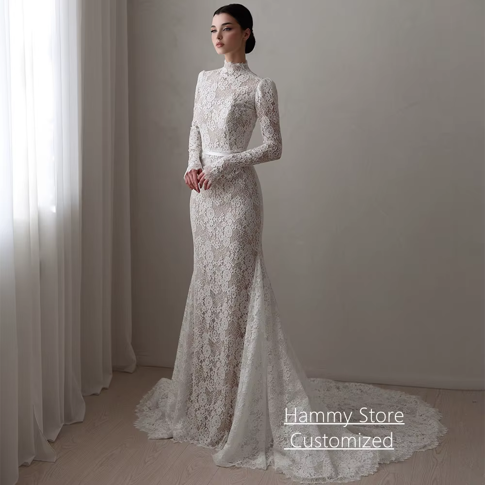 Robe de mariée arabe personnalisée, col montant, manches longues, dentelle exquise, traîne courte, c