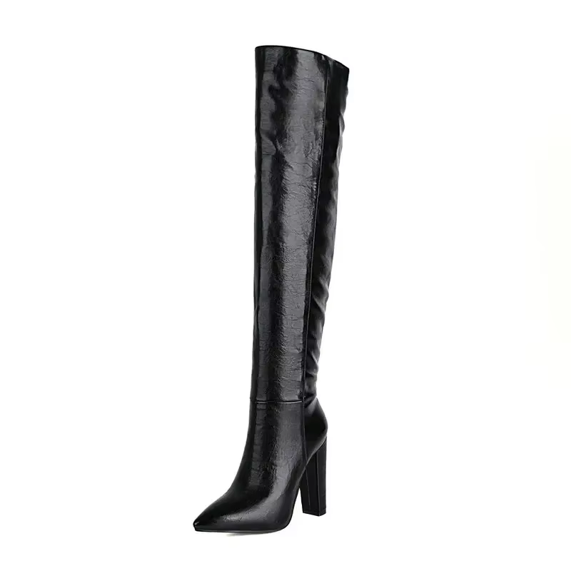 Cuissardes hautes femmes marine marron gris couleur bout pointu Sexy hiver talons hauts motif plissé