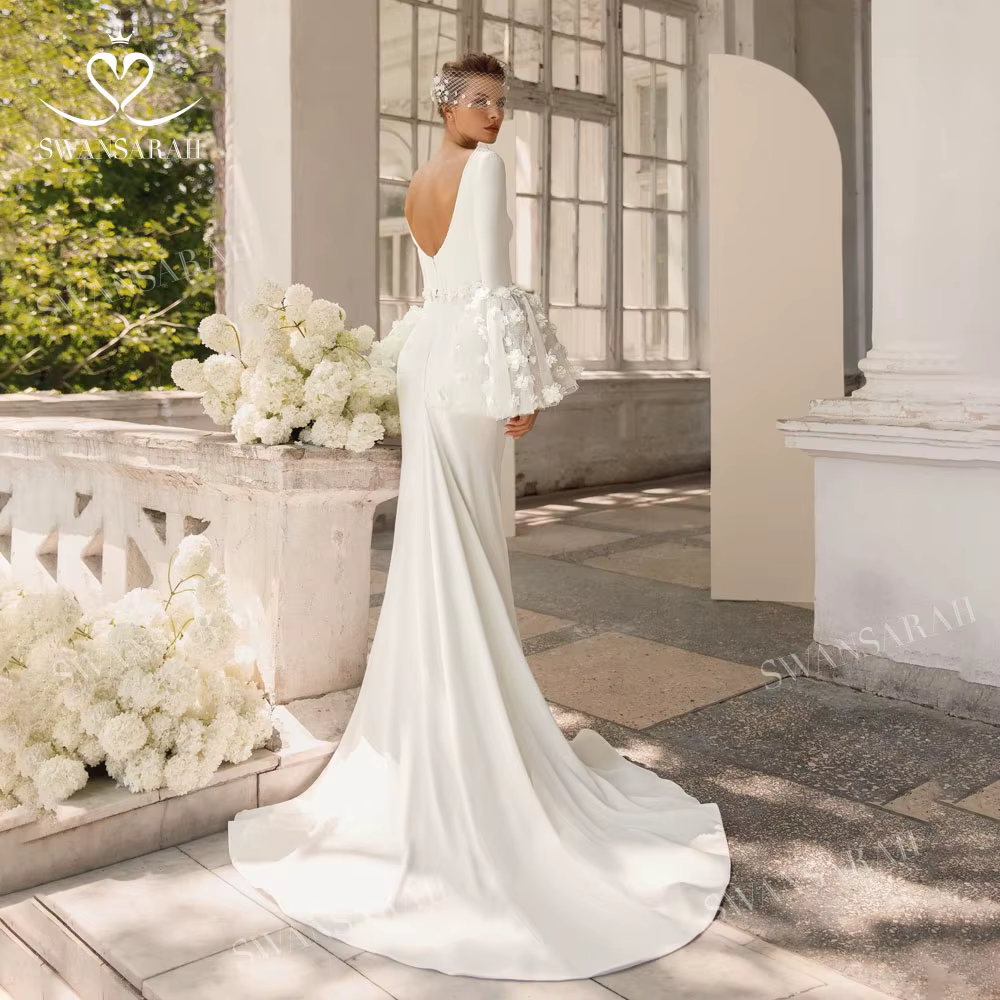 Robe de mariée longue à manches longues 2026 en satin, col en V, appliques, style sirène, personnali