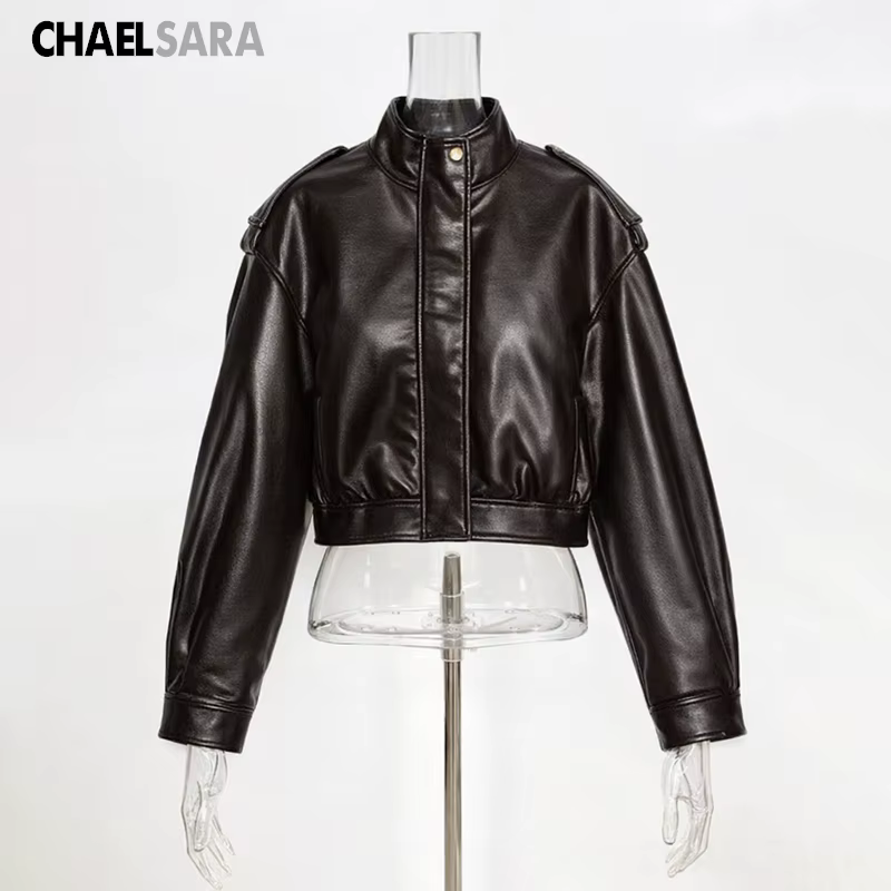 Nouvelle veste en similicuir pour femme 2026 – Tendance printemps-automne, col montant, manches long