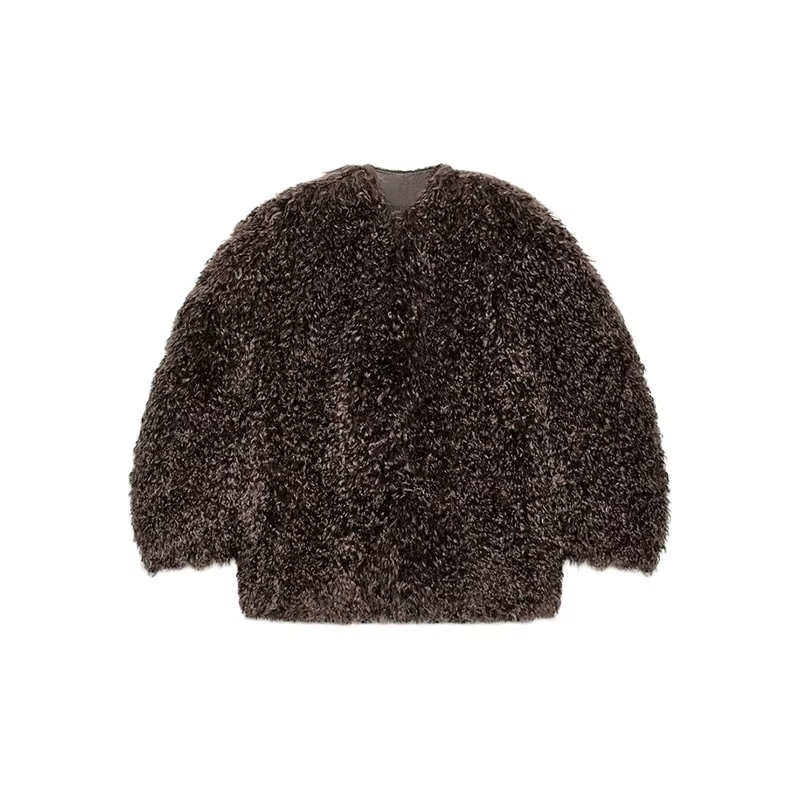 Marron surdimensionné fausse fourrure mode col rond manches longues simple bouton flou texturé veste