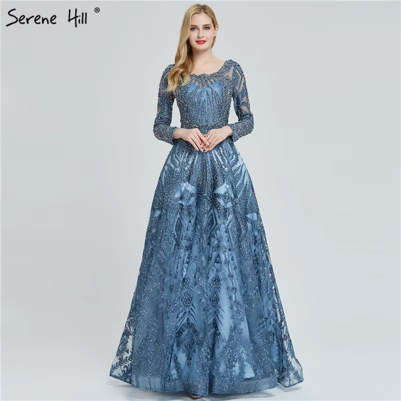 Robe de soirée de forme trapèze, luxueuse tenue de soirée de standing, bleu marine, dentelle perlée,