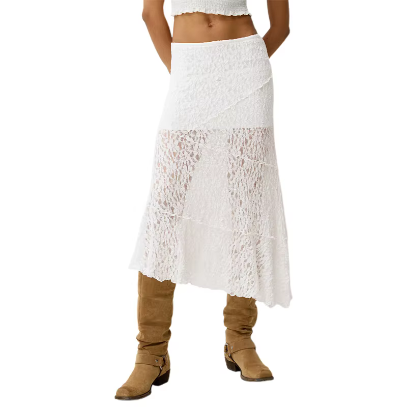 Maemukilabe-Jupe Vintage Mi-Longue en Dentelle pour Femme, Tenue Florale Transparente, Ourlet Irrégu