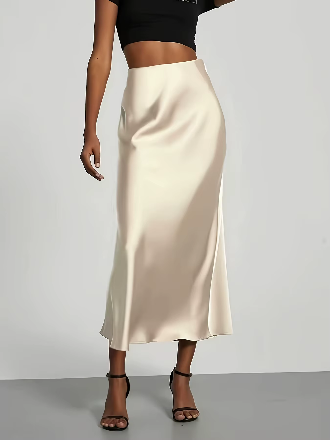 Jupe midi en satin pour femme, taille haute, coupe droite ajustée, drapé élégant, polyvalente et élé