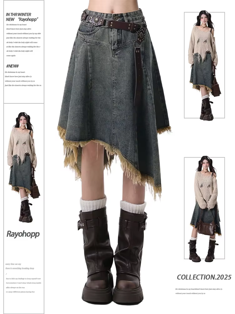 Été femmes japonais jupe Midi Denim jupe irrégulière a-ligne 2000s Abi Y2k coréen Shoujo e-girl Gyar