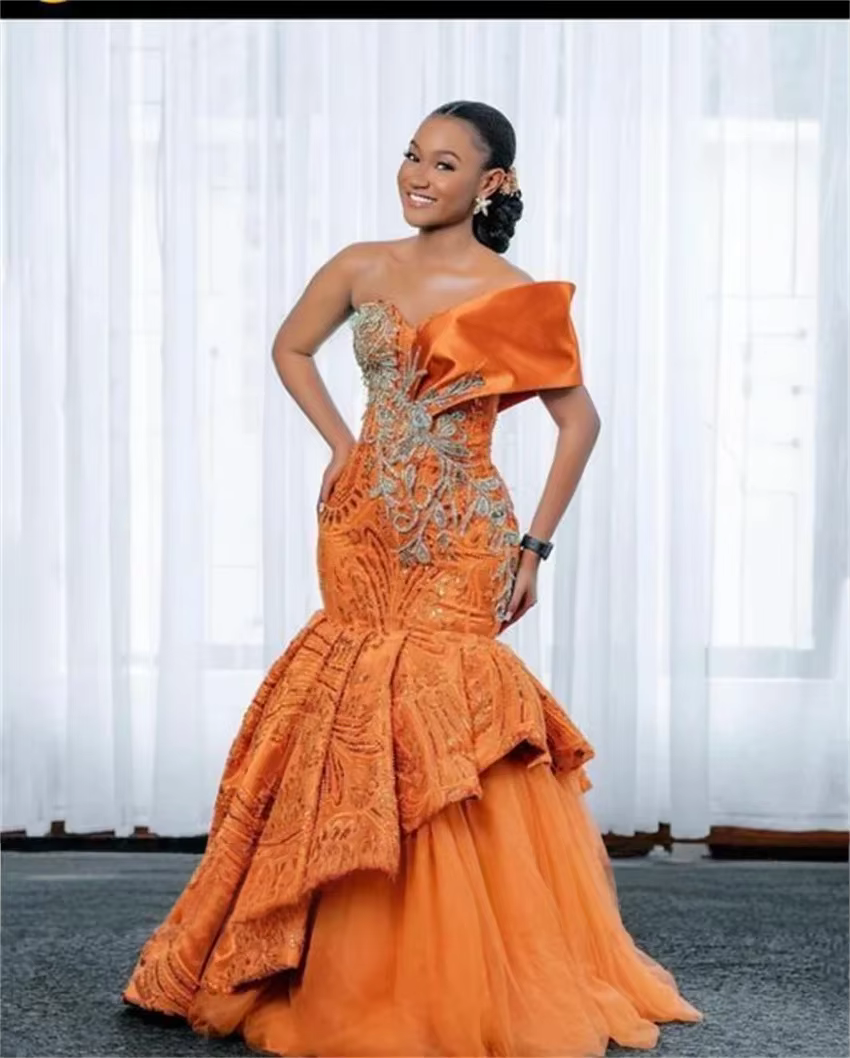 Robes de bal longues orange pour filles noires, robes de soirée perlées à col cœur, robes de soirée