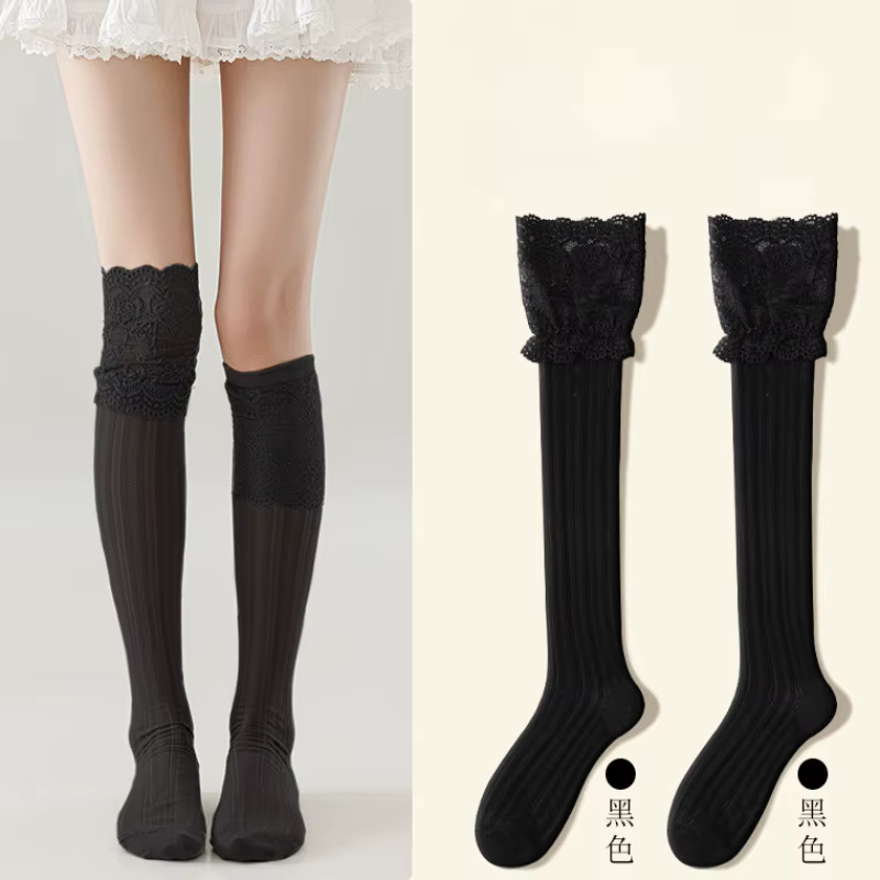 Nouvelles chaussettes longues en dentelle gris-blanc pour femme, sexy, fines, hautes jusqu'au genou,