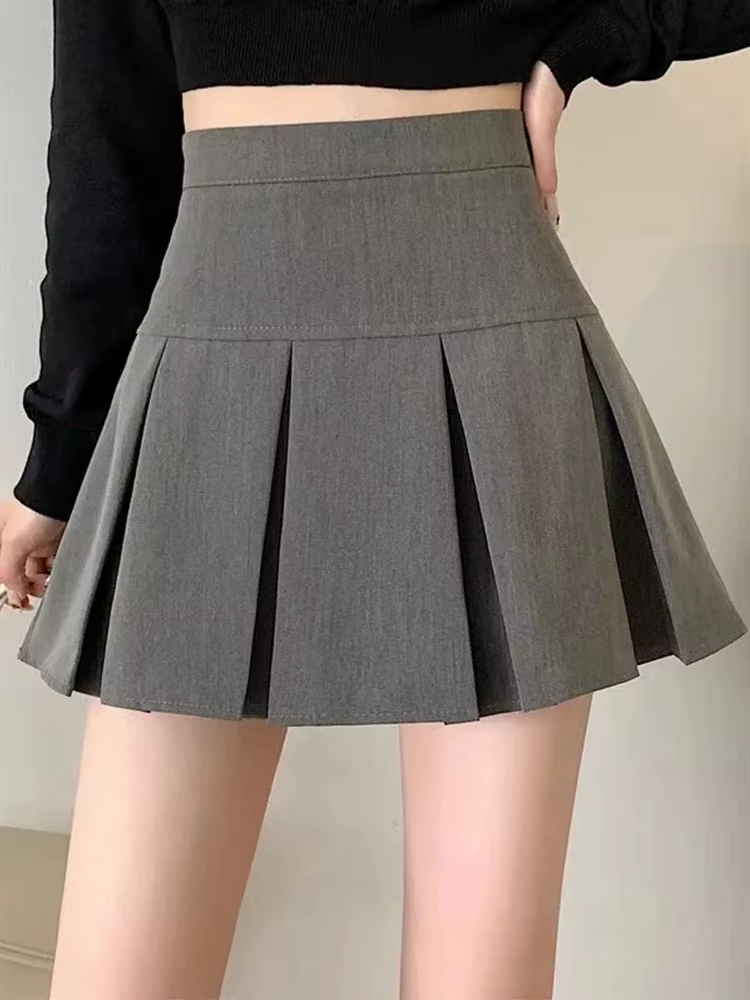 Jupe plissée grise vintage pour femme, mini jupes taille haute Kawaii, mode coréenne, uniforme scola
