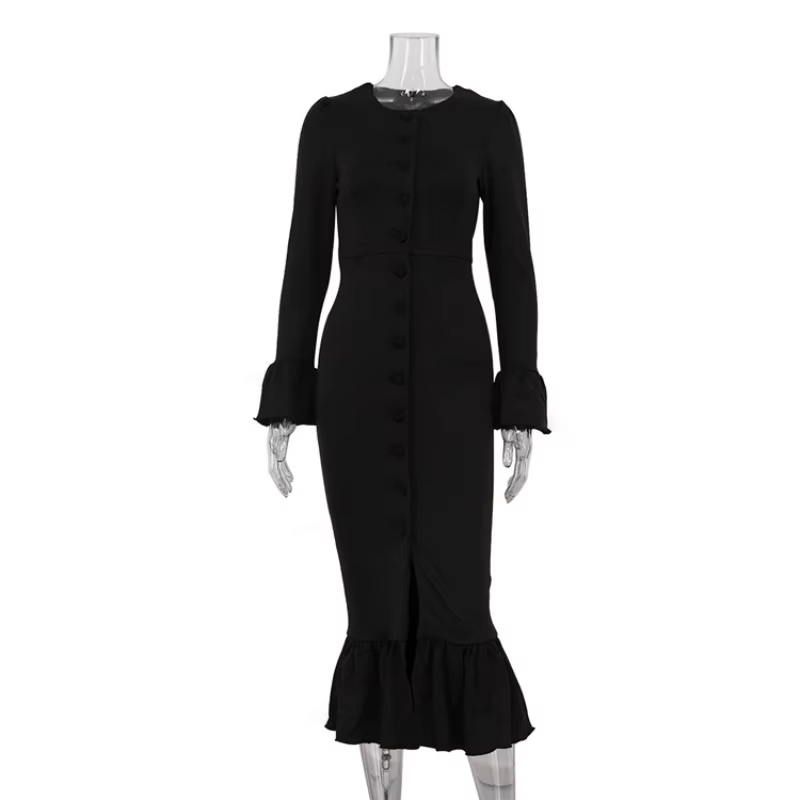 Femmes élégantes bouton à volants longue robe bureau dame Vintage France manches longues évasées sim