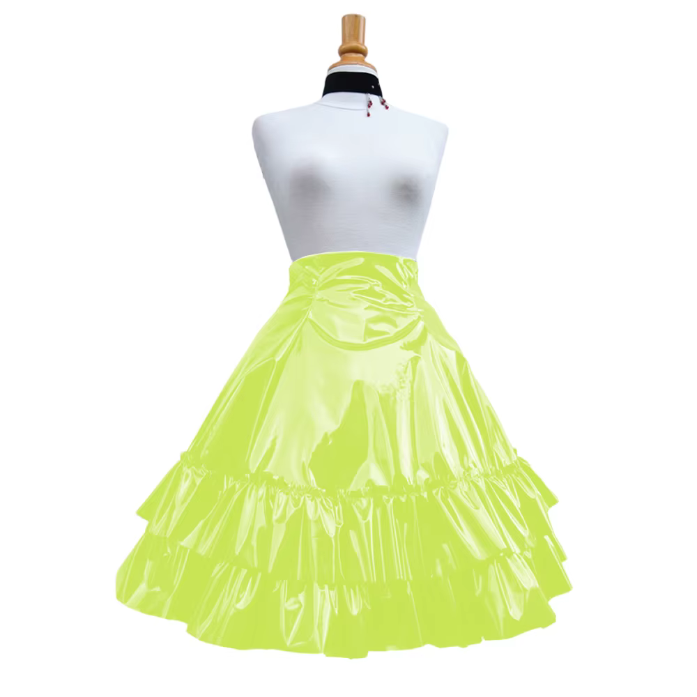 Jupe plissée en cuir PVC brillant vintage, jupe à volants à 2 niveaux, forme ronde douce, longue tro