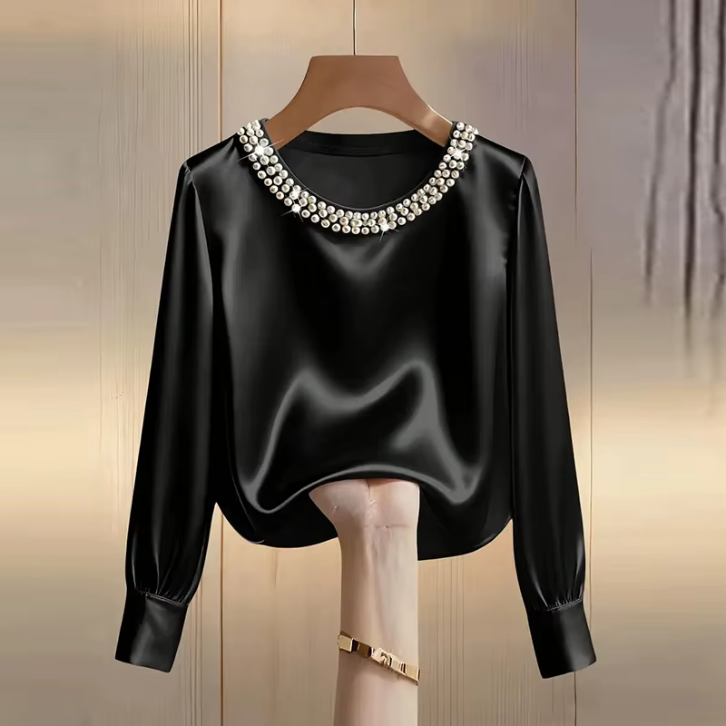 Chemise en Satin élégante pour femmes, Design de perles, manches longues, chemisier en soie, mode co