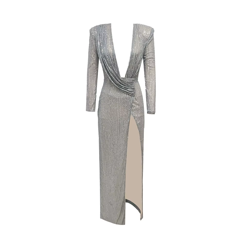Robes longues à paillettes argentées pour femmes avec col en V profond et épaules structurées – Robe