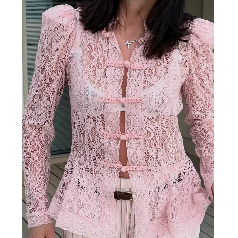 Chemisier femme à col mandarin et manches longues, style y2k, avec péplum, dentelle florale, boutons