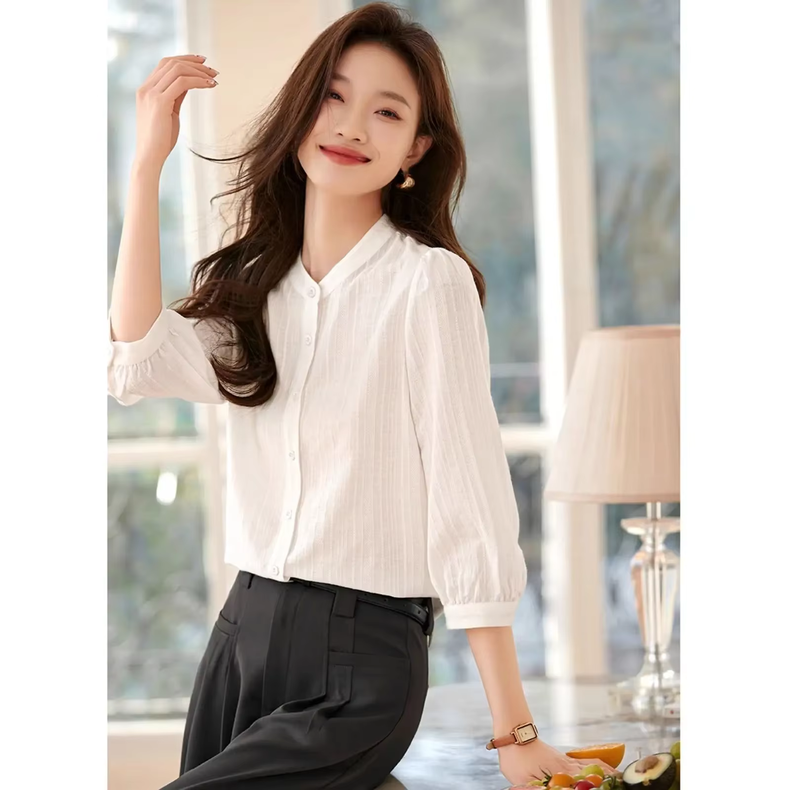Chemise et chemisier amples boutonné pour femmes, Style fin, hauts féminins, moderne, Long, basique,