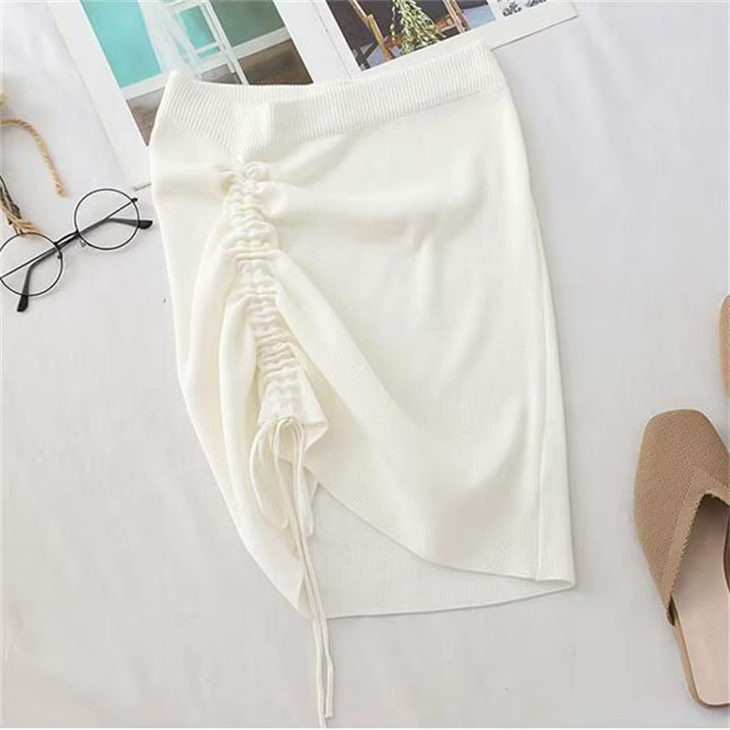 Blanc taille haute Stretch côté cordon jupe femmes Club mince tricoté jupe courte Sexy tout-match mo