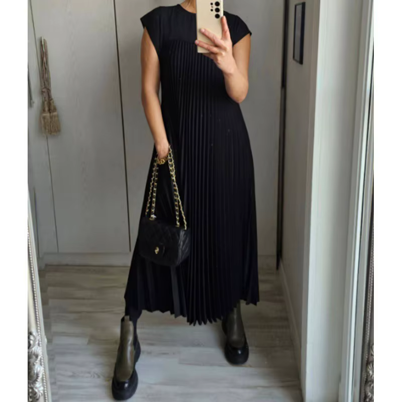 Robe sans manches pour femmes, robe longue décontractée plissée mi-longue de couleur unie à col rond