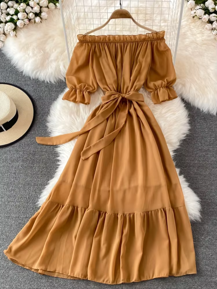 Robe de plage en mousseline de soie pour femmes, épaules dénudées, Sexy, élégante, ligne A, Robe de