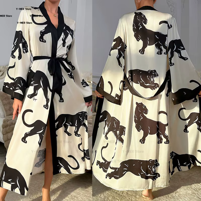 Mode imprimé léopard Robe longue Peignoir femmes Satin douche Peignoir Robe longue Homewear Lingerie