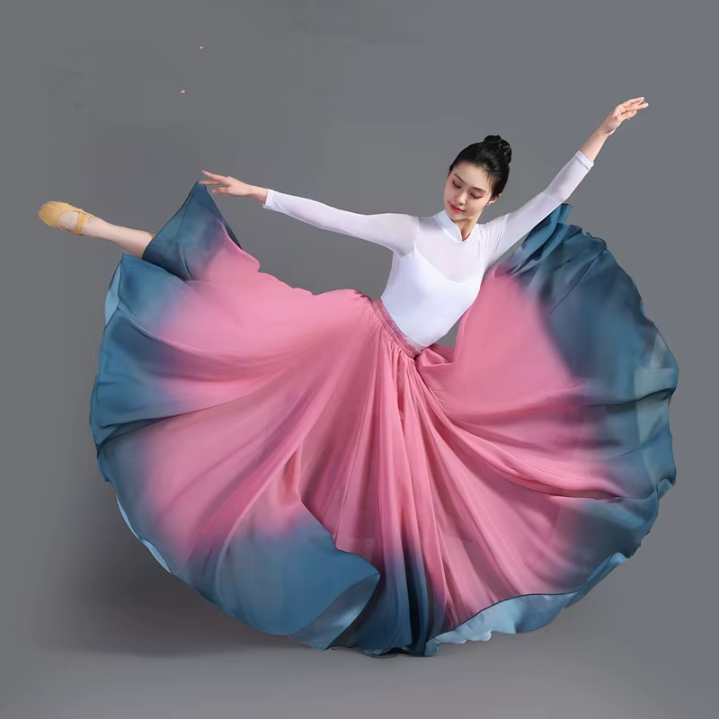 Jupe de danse classique pour femmes, jupe longue à 360 degrés en mousseline, robe rétro ombrée multi