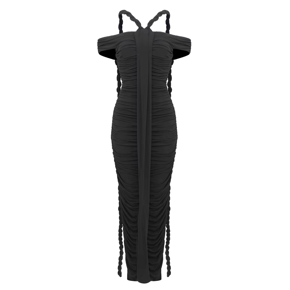 Robe de soirée tressée noire moulante pour femmes, élégante, épaules dénudées, froncée, blanche, lon