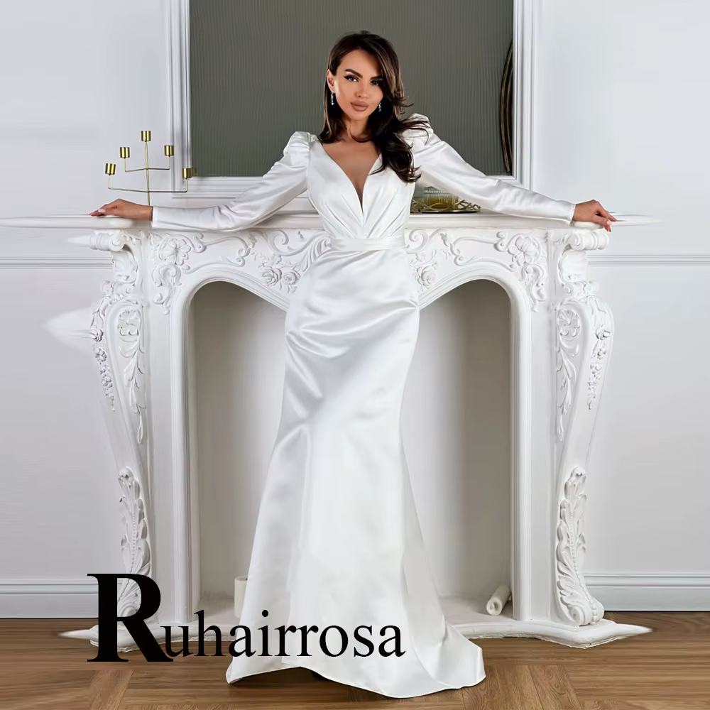 Ruhair Chic robe De mariée pour les femmes col en v sirène manches bouffantes Satin laçage balayage