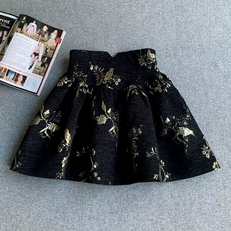 Jupe trapèze taille haute en jacquard noir et or, coupe couvertes, courte, à la mode, exquise, burea