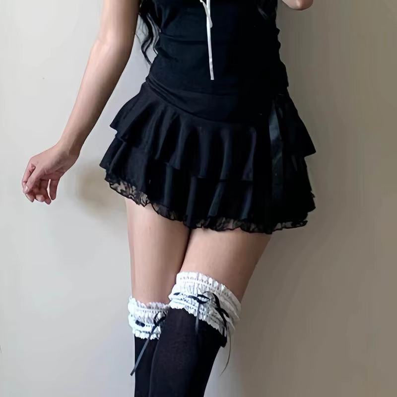 Ensembles de jupes style gâteau Aoaiiys pour femmes, haut à manches courtes, jupes trapèze en dentel