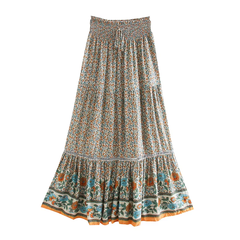 Boho Dinner ens-Jupe de plage beige à imprimé floral pour femmes, taille haute élastique, rayonne, c